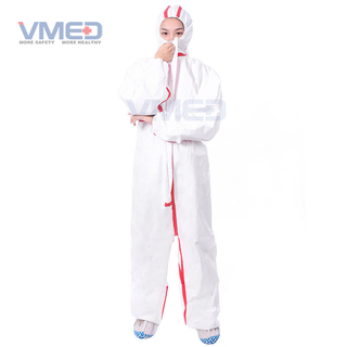 Wegwerp witte microporeuze beschermende overall met rode stroken