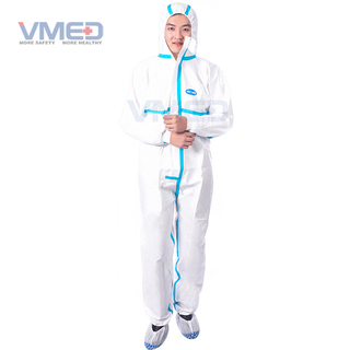 Wegwerp witte microporeuze beschermende overall met blauwe stroken